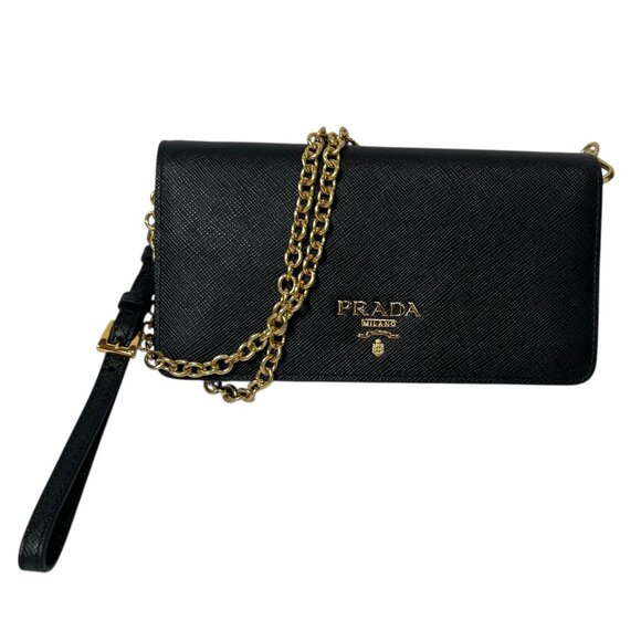 PRADA Black Saffiano Gold Wallet On Chain WOC Wristlet - Picture 1 of 13